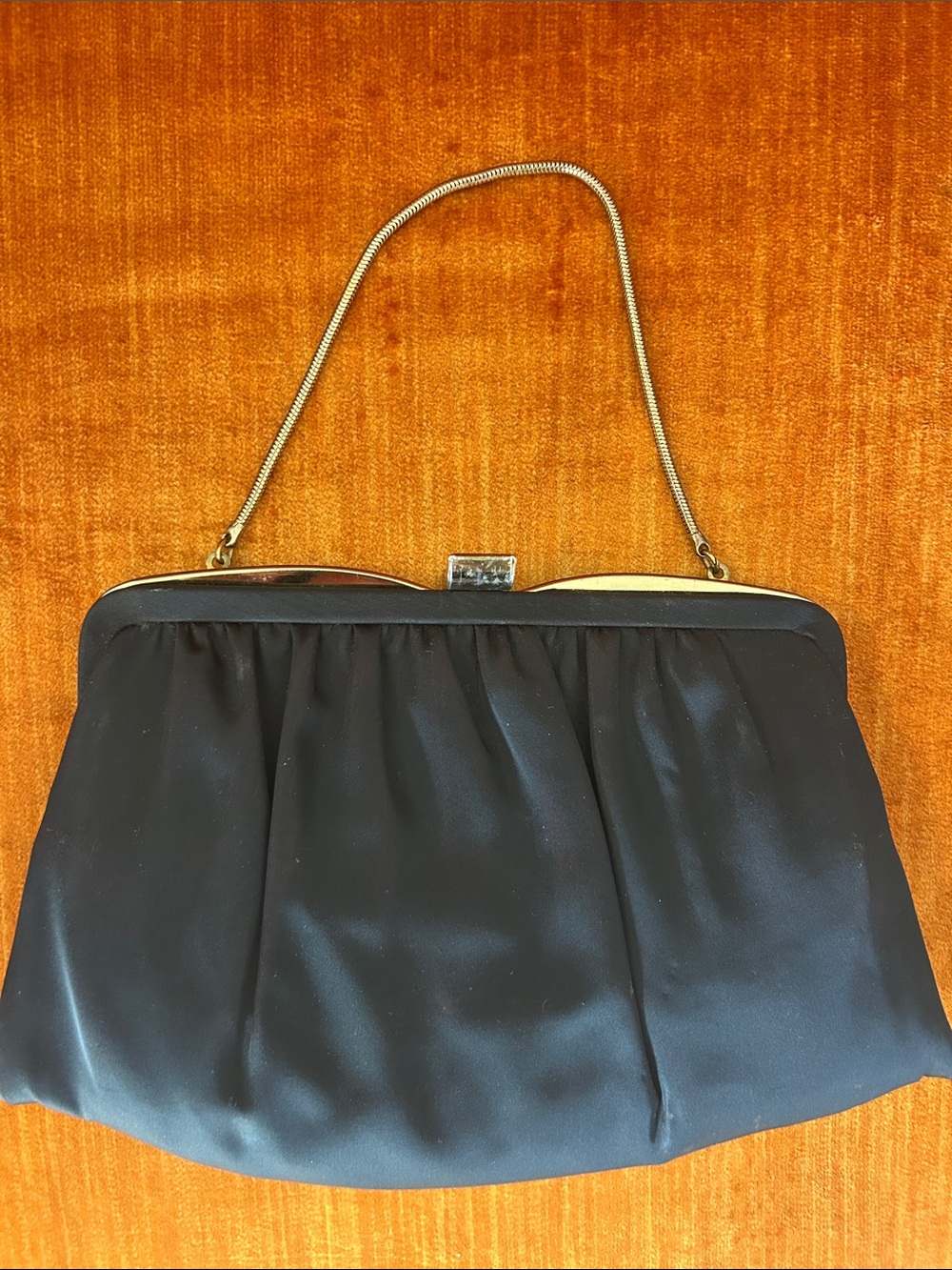 Vintage Ande Black Satin Evening Clutch with Gold Tone Chain